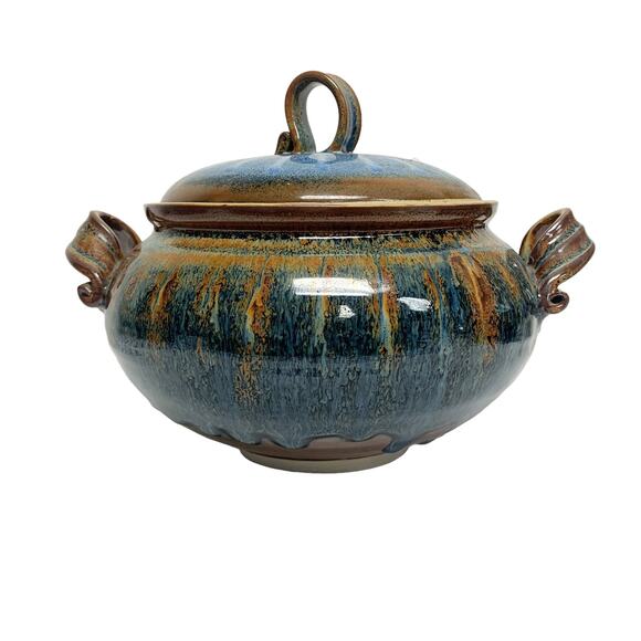 Artist Signed oRuchat Blue Brown Decorative Glazed Ceramic Lidded Pottery - Picture 3 of 10